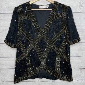 Laurance Kazar Vintage 100% Silk Black & Gold Sequin Beaded Blouse 1X